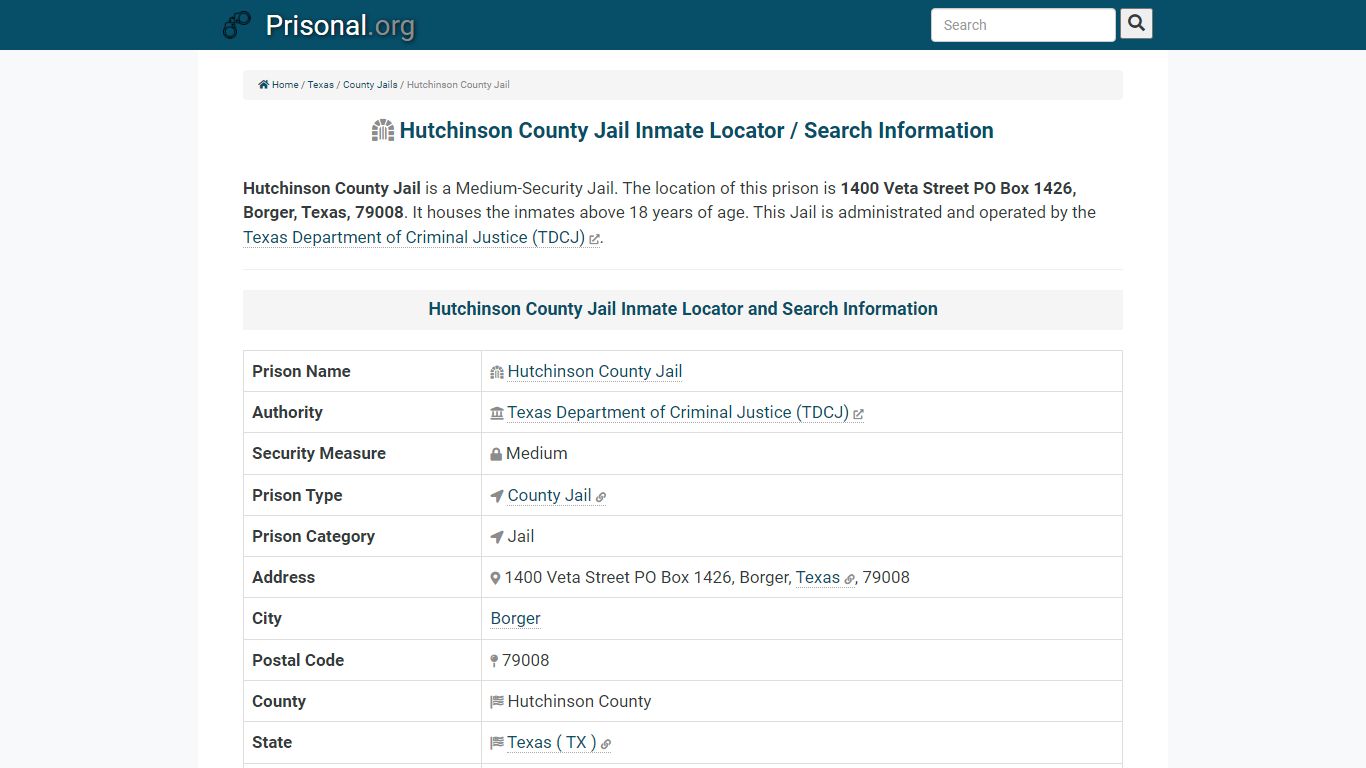 Hutchinson County Jail-Inmate Locator/Search Info, Phone ...